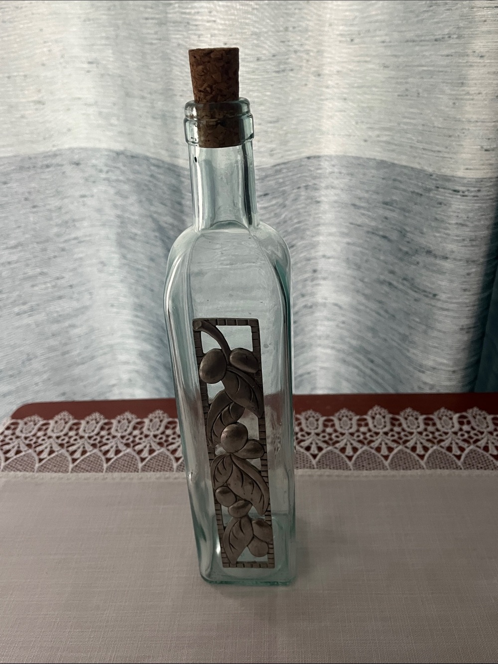 Vintage Glass Olive Oil Cruet with Pewter Overlay - Decorative Bottle with Cork
